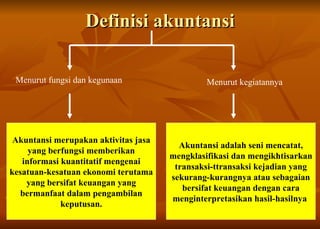 Definisi akuntansi Akuntansi merupakan aktivitas jasa yang berfungsi memberikan informasi kuantitatif mengenai kesatuan-kesatuan ekonomi terutama yang bersifat keuangan yang bermanfaat dalam pengambilan keputusan. Menurut fungsi dan kegunaan Menurut kegiatannya Akuntansi adalah seni mencatat, mengklasifikasi dan mengikhtisarkan transaksi-ttransaksi kejadian yang sekurang-kurangnya atau sebagaian bersifat keuangan dengan cara menginterpretasikan hasil-hasilnya   