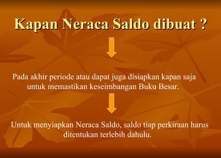 Kapan Neraca Saldo dibuat ? Pada akhir periode atau dapat juga disiapkan kapan saja untuk memastikan keseimbangan Buku Besar.  Untuk menyiapkan Neraca Saldo, saldo tiap perkiraan harus ditentukan terlebih dahulu.  