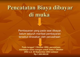 Pencatatan Biaya dibayar di muka  Pembayaran yang pada saat dibayar, belum seluruh manfaat pembayaran tersebut dirasakan oleh perusahaan  Pada tanggal 1 Oktober 2002, perusahaan membayar sewa ruangan untuk masa 1 Oktober 2002 s.d. 30 September 2003 sebesar Rp.1.200.000,00 