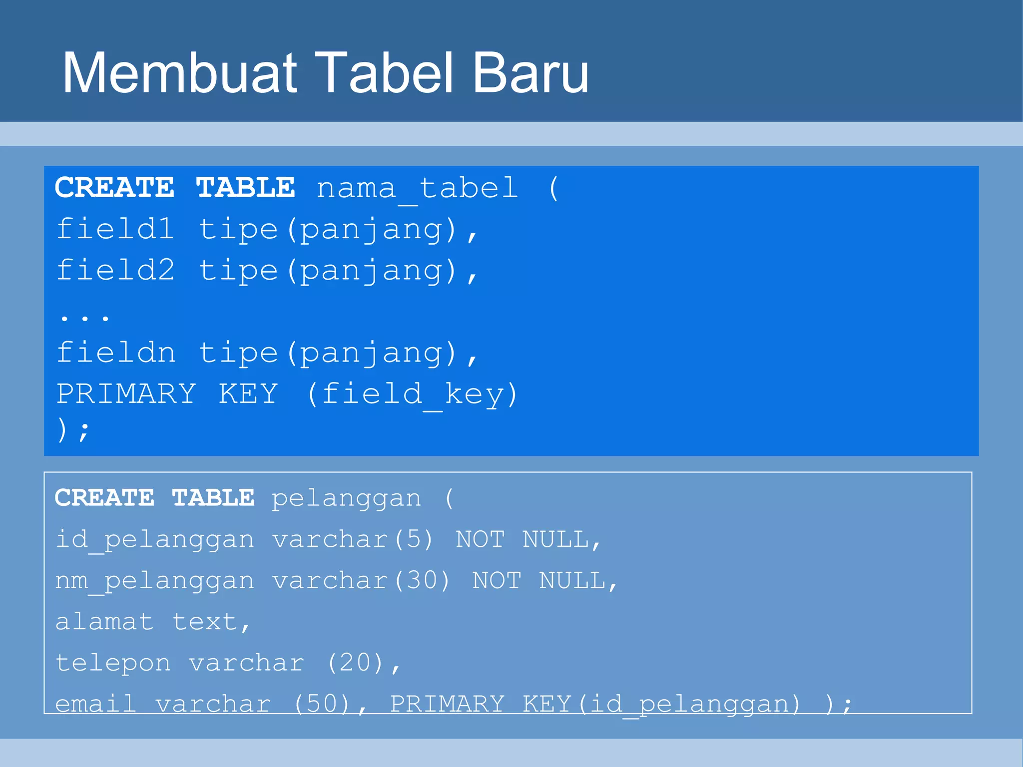 Membuat Tabel Baru CREATE TABLE  nama_tabel ( field1 tipe(panjang), field2 tipe(panjang), ... fieldn tipe(panjang), PRIMARY KEY (field_key) );   CREATE TABLE  pelanggan (  id_pelanggan varchar(5) NOT NULL,  nm_pelanggan varchar(30) NOT NULL,  alamat text,  telepon varchar (20),  email varchar (50), PRIMARY KEY(id_pelanggan) ); 