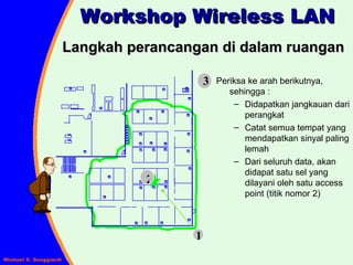 Workshop Wireless LAN Langkah perancangan di dalam ruangan Periksa ke arah berikutnya, sehingga : Didapatkan jangkauan dari perangkat Catat semua tempat yang mendapatkan sinyal paling lemah Dari seluruh data, akan didapat satu sel yang dilayani oleh satu access point (titik nomor 2) 1 2 3 