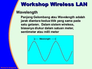 Wavelength Panjang Gelombang atau Wavelength adalah jarak diantara kedua titik yang sama pada satu getaran.  Dalam sistem wireless, biasanya diukur dalam satuan meter, sentimeter atau milli meter Workshop Wireless LAN 