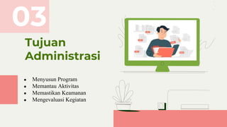 03
Tujuan
Administrasi
● Menyusun Program
● Memantau Aktivitas
● Memastikan Keamanan
● Mengevaluasi Kegiatan
 