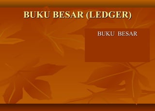 BUKU BESAR (LEDGER)
                Modal
                 Prive
            BUKU BESAR
             Perlengkapan
              Pendapatan
              Beban gaji
               Peralatan
                Piutang
                 Utang
                  Kas
 