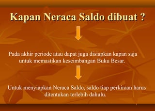 Kapan Neraca Saldo dibuat ?


Pada akhir periode atau dapat juga disiapkan kapan saja
    untuk memastikan keseimbangan Buku Besar.



Untuk menyiapkan Neraca Saldo, saldo tiap perkiraan harus
             ditentukan terlebih dahulu.
 