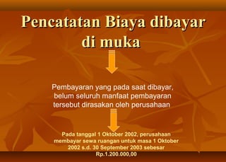 Pencatatan Biaya dibayar
        di muka

    Pembayaran yang pada saat dibayar,
    belum seluruh manfaat pembayaran
    tersebut dirasakan oleh perusahaan


      Pada tanggal 1 Oktober 2002, perusahaan
    membayar sewa ruangan untuk masa 1 Oktober
        2002 s.d. 30 September 2003 sebesar
                   Rp.1.200.000,00
 