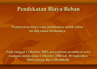 Pendekatan Biaya/Beban

   Pembayaran biaya yang manfaatnya untuk tahun
             ini dan tahun berikutnya




Pada tanggal 1 Oktober 2002, perusahaan membayar sewa
 ruangan untuk masa 1 Oktober 2002 s.d. 30 September
              2003 sebesar Rp.1.200.000,00.
 