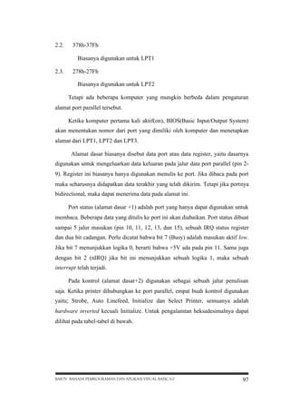 2.2.

378h-37Fh
Biasanya digunakan untuk LPT1

2.3.

278h-27Fh
Biasanya digunakan untuk LPT2
Tetapi ada beberapa komputer yang mungkin berbeda dalam pengaturan

alamat port parallel tersebut.
Ketika komputer pertama kali aktif(on), BIOS(Basic Input/Output System)
akan menentukan nomor dari port yang dimiliki oleh komputer dan menetapkan
alamat dari LPT1, LPT2 dan LPT3.
Alamat dasar biasanya disebut data port atau data register, yaitu dasarnya
digunakan untuk mengeluarkan data keluaran pada jalur data port parallel (pin 29). Register ini biasanya hanya digunakan menulis ke port. Jika dibaca pada port
maka seharusnya didapatkan data terakhir yang telah dikirim. Tetapi jika portnya
bidirectional, maka dapat menerima data pada alamat ini.
Port status (alamat dasar +1) adalah port yang hanya dapat digunakan untuk
membaca. Beberapa data yang ditulis ke port ini akan diabaikan. Port status dibuat
sampai 5 jalur masukan (pin 10, 11, 12, 13, dan 15), sebuah IRQ status register
dan dua bit cadangan. Perlu dicatat bahwa bit 7 (Busy) adalah masukan aktif low.
Jika bit 7 menunjukkan logika 0, berarti bahwa +5V ada pada pin 11. Sama juga
dengan bit 2 (nIRQ) jika bit ini menunjukkan sebuah logika 1, maka sebuah
interrupt telah terjadi.
Pada kontrol (alamat dasar+2) digunakan sebagai sebuah jalur penulisan
saja. Ketika printer dihubungkan ke port parallel, empat buah kontrol digunakan
yaitu; Strobe, Auto Linefeed, Initialize dan Select Printer, semuanya adalah
hardware inverted kecuali Initialize. Untuk pengalamtan heksadesimalnya dapat
dilihat pada tabel-tabel di bawah.

BAB IV BAHASA PEMROGRAMAN DAN APLIKASI VISUAL BASIC 6.0

97

 