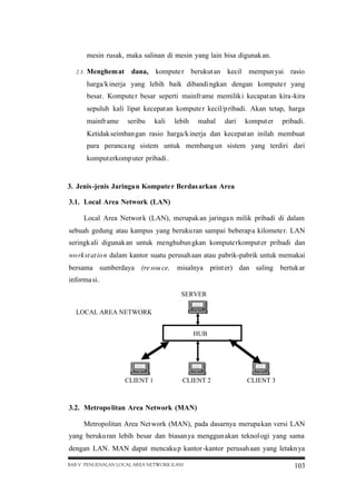 mesin rusak, maka salinan di mesin yang lain bisa digunak an.
2.3.

Menghem at dana,

kompute r berukut an kecil

mempun yai rasio

harga/k inerja yang lebih baik dibandi ngkan dengan kompute r yang
besar. Kompute r besar seperti mainfr ame memilik i kecapat an kira-kira
sepuluh kali lipat kecepat an kompute r kecil/p ribadi. Akan tetap, harga
mainfr ame

seribu

kali

lebih

mahal

dari

komput er

pribadi.

Ketidak seimban gan rasio harga/k inerja dan kecepat an inilah membuat
para peranca ng sistem untuk membang un sistem yang terdiri dari
komput erkomp uter pribadi .

3. Jenis-jenis Jaringa n Kompute r Berdasarkan Area
3.1. Local Area Network (LAN)
Local Area Networ k (LAN), merupak an jaringa n milik pribadi di dalam
sebuah gedung atau kampus yang beruku ran sampai beberap a kilomete r. LAN
seringk ali digunak an untuk menghubun gkan kompute rkomput er pribadi dan
wo rk st at io n dalam kantor suatu perusah aan atau pabrik-pabrik untuk memakai
bersama sumberdaya (re sou ce,

misalnya print er) dan saling bertuk ar

informa si.
SERVER
LOCAL AREA NETWORK
HUB

CLIENT 1

CLIENT 2

CLIENT 3

3.2. Metropo litan Area Network (MAN)
Metropolitan Area Net work (MAN), pada dasarnya merupa kan versi LAN
yang beruku ran lebih besar dan biasan ya menggun akan teknol ogi yang sama
dengan LAN. MAN dapat mencaku p kantor -kantor perusah aan yang letakn ya
BAB V PENGENALAN LOCAL AREA NETWORK (LAN)

103

 
