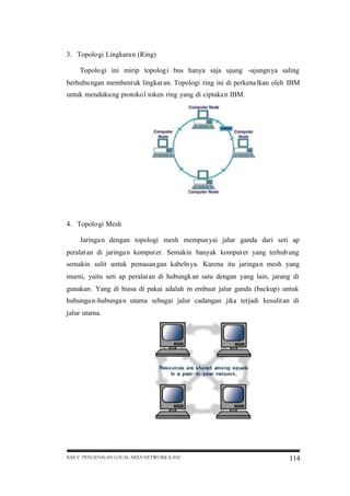 3. Topolo gi Lingkara n (Ring)
Topolo gi ini mirip topolog i bus hanya saja ujung -ujungn ya saling
berhubu ngan membent uk lingkar an. Topologi ring ini di perkena lkan oleh IBM
untuk menduku ng protoko l token ring yang di ciptaka n IBM.

4. Topolo gi Mesh
Jaringa n dengan topologi mesh mempunyai jalur ganda dari seti ap
peralat an di jaringa n komput er. Semakin banyak komput er yang terhub ung
semakin sulit untuk pemasan gan kabeln ya. Karena itu jaringa n mesh yang
murni, yaitu seti ap peralat an di hubungk an satu dengan yang lain, jarang di
gunakan . Yang di biasa di pakai adalah m embuat jalur ganda (backup) untuk
hubunga n-hubunga n utama sebagai jalur cadangan jika terjadi kesulit an di
jalur utama.

BAB V PENGENALAN LOCAL AREA NETWORK (LAN)

114

 