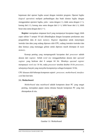 keputusan dari operasi logika sesuai dengan instruksi program. Operasi logika
(logical operation) meliputi perbandingan dua buah elemen logika dengan
menggunakan operator logika, yaitu : sama dengan (=), tidak sama dengan (<>),
kurang dari (<), kurang atau sama dengan dari (<=), lebih besar dari (>), lebih
besar atau sama dengan dari (>=).
Register merupakan simpanan kecil yang mempunyai kecepatan tinggi, lebih
cepat sekitar 5 sampai 10 kali dibandingkan dengan kecepatan perekaman atau
pengambilan data di main memory. Register digunakan untuk menyimpan
instruksi dan data yang sedang diproses oleh CPU, sedang instruksi-instruksi dan
data lainnya yang menunggu giliran untuk diproses masih disimpan di main
memory.
Konsep penting yang mempengaruhi kecepatan dari processor adalah
ukuran dari register. Istilah word size menggambarkan ukuran dari operand
register yang berkisar dari 8 sampai 64 bit. Misalnya operand register
mempunyai word size 16 bit, maka processor tersebut disebut 16-bit processor,
selanjutnya banyak yang menyebut komputernya sebagai komputer 16 bit.
CPU disusun oleh beberapa komponen seperti : processor, motherboard, interface
card dan lain-lain.
3.1. Motherboard
Motherboard atau mainboard adalah komponen dasar PC yang sangat
penting, merupakan papan utama dimana banyak komponen PC yang lain
ditempatkan di situ.

Gambar 1.6 Motherboard

BAB I PENGENALAN DASAR KOMPUTER

8

 