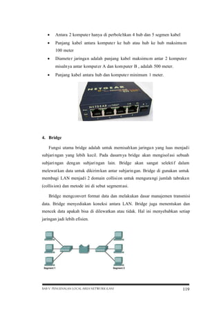  Antara 2 kompute r hanya di perbole hkan 4 hub dan 5 segmen kabel
 Panjang kabel antara kompute r ke hub atau hub ke hub maksimu m
100 meter
 Diamete r jaringa n adalah panjang kabel maksimu m antar 2 kompute r
misaln ya antar komput er A dan kom puter B , adalah 500 meter.
 Panjang kabel antara hub dan kompute r minimum 1 meter.

4. Bridge
Fungsi utama bridge adalah untuk memisah kan jaringa n yang luas menjad i
subjari ngan yang lebih kecil. Pada dasarn ya bridge akan mengisol asi sebuah
subjari ngan dengan subjari ngan lain. Bridge akan sangat selekti f dalam
melewat kan data untuk dikirim kan antar subjarin gan. Bridge di gunakan untuk
membagi LAN menjad i 2 domain collisi on untuk mengura ngi jumlah tabraka n
(collis ion) dan metode ini di sebut segment asi.
Bridge mengconvert format data dan melakukan dasar manajemen transmisi
data. Bridge menyediakan koneksi antara LAN. Bridge juga menentukan dan
mencek data apakah bisa di dilewatkan atau tidak. Hal ini menyebabkan setiap
jaringan jadi lebih efisien.

BAB V PENGENALAN LOCAL AREA NETWORK (LAN)

119

 