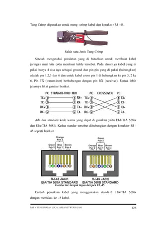 Tang Crimp digunak an untuk meng -crimp kabel dan konekto r RJ -45.

Salah satu Jenis Tang Crimp
Setelah mengeta hui peralat an yang di butuhk an untuk membuat kabel
jaringa n mari kita coba membuat kable tersebut. Pada dasarn ya kabel yang di
pakai hanya 4 sisa nya sebagai ground dan pin-pin yang di pakai (hubungk an)
adalah pin 1,2,3 dan 6 dan untuk kabel cross pin 1 di hubungk an ke pin 3, 2 ke
6, Pin TX (transm itter) berhubu ngan dengan pin RX (receiver). Untuk lebih
jelasn ya lih at gambar berikut .

Ada dua standard kode warna yang dapat di gunakan yaitu EIA/TIA 568A
dan EIA/TIA 568B. Kedua standar tersebu t dihubun gkan dengan konektor RJ 45 seperti berikuit .

Contoh pemakian kabel yang menggun akan standa rd EIA/TIA 568A
dengan memakai ke - 8 kabel.
BAB V PENGENALAN LOCAL AREA NETWORK (LAN)

126

 