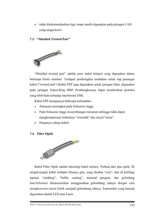 

tidak direkomendasikan lagi, tetapi masih digunakan pada jaringan LAN
yang sangat kecil.

7.3. “Shielded Twisted Pair”

“Shielded twisted pair” adalah jenis kabel telepon yang digunakan dalam
beberapa bisnis instalasi. Terdapat pembungkus tambahan untuk tiap pasangan
kabel (”twisted pair”).Kabel STP juga digunakan untuk jaringan Data, digunakan
pada jaringan Token-Ring IBM. Pembungkusnya dapat memberikan proteksi
yang lebih baik terhadap interferensi EMI.
Kabel STP mempunyai beberapa kelemahan :


Attenuasi meningkat pada frekuensi tinggi.



Pada frekuensi tinggi, keseimbangan menurun sehingga tidak dapat
mengkompensasi timbulnya “crosstalk” dan sinyal “noise”.



Harganya cukup mahal.

7.4. Fiber Optik

Kabel Fiber Optik adalah teknologi kabel terbaru. Terbuat dari glas optik. Di
tengah-tengah kabel terdapat filamen glas, yang disebut “core”, dan di kelilingi
lapisan “cladding”, “buffer

coating”, material

penguat, dan pelindung

luar.Informasi ditransmisikan menggunakan gelombang cahaya dengan cara
mengkonversi sinyal listrik menjadi gelombang cahaya. Transmitter yang banyak
digunakan adalah LED atau Laser.
BAB V PENGENALAN LOCAL AREA NETWORK (LAN)

133

 