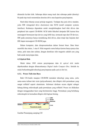 ditransfer ke/dari disk. Seberapa dekat ruang track dan seberapa padat (density)
bit pada tiap track menentukan densitas drive atau kapasitas penyimpanan.
Hard disks bekerja sesuai prinsip magnetic. Terdapat dua jenis drive standart,
yaitu IDE (integrated drive electronics) dan SCSI (small computer systems
interface). Keduanya digunakan untuk menghubungkan hard disk drives dan
peripheral lain seperti CD-ROM. SCSI lebih fleksibel daripada IDE karena bisa
mensupport bermacam tipe device yang lebih luas, termasuk tape dan CD devices.
IDE pada umumnya hanya mendukung disk drives, akan tetapi tipe lanjutan dari
IDE dapat mensupport CD-ROM juga.
Dalam komputer, data direpresentasikan dalam format biner. Data biner
memiliki dua status, 1 atau 0. Sifat magnetis sama halnya karena hanya punya dua
status, pole utara dan selatan, dengan demikian sifat magnetis adalah cara yang
baik untuk menyimpan data.
4.3.Optical Disk
Mulai tahun 1983 sistem penyimpanan data di optical disk mulai
diperkenalkan dengan diluncurkannya Digital Audio Compact Disc. Setelah itu
mulai berkembanglah teknologi penyimpanan pada optical disk ini.
4.3.1. Proses Tulis dan Baca
Baik CD-Audio maupun CD-ROM memakai teknologi yang sama, yaitu
sama-sama terbuat dari resin (polycarbonate), dan dilapisi oleh permukaan yang
sangat reflektif seperti aluminium. Informasi direkam secara digital sebagai
lubang-lubang mikroskopik pada permukaan yang reflektif. Proses ini dilakukan
dengan menggunakan laser yang berintensitas tinggi. Permukaan yang berlubang
mikroskopik ini kemudian dilapisi oleh lapisan bening.

Gambar Penampang samping CD

BAB I PENGENALAN DASAR KOMPUTER

23

 