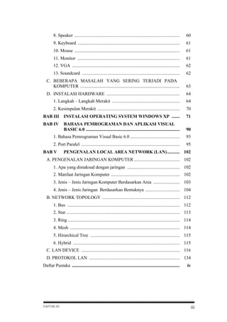 8. Speaker ............................................................................................

60

9. Keyboard .........................................................................................

61

10. Mouse ............................................................................................

61

11. Monitor .........................................................................................

61

12. VGA ..............................................................................................

62

13. Soundcard .....................................................................................

62

C. BEBERAPA MASALAH YANG SERING TERJADI PADA
KOMPUTER .......................................................................................

63

D. INSTALASI HARDWARE ................................................................

64

1. Langkah – Langkah Merakit ...........................................................

64

2. Kesimpulan Merakit ........................................................................

70

BAB III

INSTALASI OPERATING SYSTEM WINDOWS XP .......

71

BAB IV

BAHASA PEMROGRAMAN DAN APLIKASI VISUAL
BASIC 6.0 ..................................................................................

90

1. Bahasa Pemrograman Visual Basic 6.0 ...........................................

93

2. Port Paralel ......................................................................................

95

BAB V

PENGENALAN LOCAL AREA NETWORK (LAN)........... 102

A. PENGENALAN JARINGAN KOMPUTER ........................................ 102
1. Apa yang dimaksud dengan jaringan .............................................. 102
2. Manfaat Jaringan Komputer ............................................................ 102
3. Jenis – Jenis Jaringan Komputer Berdasarkan Area ....................... 103
4. Jenis – Jenis Jaringan Berdasarkan Bentuknya .............................. 104
B. NETWORK TOPOLOGY .................................................................... 112
1. Bus .................................................................................................. 112
2. Star ................................................................................................... 113
3. Ring .................................................................................................. 114
4. Mesh ................................................................................................ 114
5. Hirarchical Tree .............................................................................. 115
6. Hybrid ............................................................................................. 115
C. LAN DEVICE ...................................................................................... 116
D. PROTOKOL LAN ............................................................................... 134
Daftar Pustaka ..............................................................................................

DAFTAR ISI

iv

iii

 