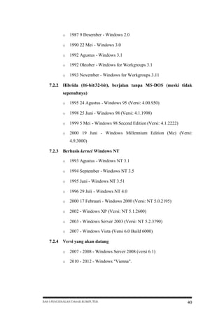 o
o

1990 22 Mei - Windows 3.0

o

1992 Agustus - Windows 3.1

o

1992 Oktober - Windows for Workgroups 3.1

o

7.2.2

1987 9 Desember - Windows 2.0

1993 November - Windows for Workgroups 3.11

Hibrida (16-bit/32-bit), berjalan tanpa MS-DOS (meski tidak
sepenuhnya)
o

1995 24 Agustus - Windows 95 (Versi: 4.00.950)

o

1998 25 Juni - Windows 98 (Versi: 4.1.1998)

o

1999 5 Mei - Windows 98 Second Edition (Versi: 4.1.2222)

o

2000 19 Juni - Windows Millennium Edition (Me) (Versi:
4.9.3000)

7.2.3

Berbasis kernel Windows NT
o
o

1994 September - Windows NT 3.5

o

1995 Juni - Windows NT 3.51

o

1996 29 Juli - Windows NT 4.0

o

2000 17 Februari - Windows 2000 (Versi: NT 5.0.2195)

o

2002 - Windows XP (Versi: NT 5.1.2600)

o

2003 - Windows Server 2003 (Versi: NT 5.2.3790)

o

7.2.4

1993 Agustus - Windows NT 3.1

2007 - Windows Vista (Versi 6.0 Build 6000)

Versi yang akan datang
o

2007 - 2008 - Windows Server 2008 (versi 6.1)

o

2010 - 2012 - Windows "Vienna".

BAB I PENGENALAN DASAR KOMPUTER

40

 