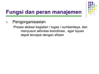 Fungsi dan peran manajemen
1.   Pengorganisasian
     Proses alokasi kegiatan / tugas / sumberdaya, dan
         menyusun aktivitas koordinasi, agar tujuan
         dapat tercapai dengan efisien
 