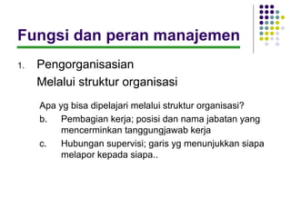 Fungsi dan peran manajemen
1.   Pengorganisasian
     Melalui struktur organisasi
     Apa yg bisa dipelajari melalui struktur organisasi?
     b. Pembagian kerja; posisi dan nama jabatan yang
          mencerminkan tanggungjawab kerja
     c.   Hubungan supervisi; garis yg menunjukkan siapa
          melapor kepada siapa..
 