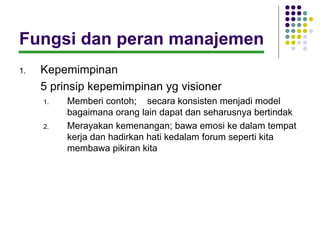 Fungsi dan peran manajemen
1.   Kepemimpinan
     5 prinsip kepemimpinan yg visioner
     1.   Memberi contoh; secara konsisten menjadi model
          bagaimana orang lain dapat dan seharusnya bertindak
     2.   Merayakan kemenangan; bawa emosi ke dalam tempat
          kerja dan hadirkan hati kedalam forum seperti kita
          membawa pikiran kita
 