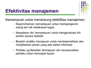 Efektivitas manajemen
Kemampuan untuk mendukung efektifitas manajemen;
    1.   Kepemimpinan; kemampuan untuk mempengaruhi
         orang lain utk melakukan tugas
    2.   Kesadaran diri; kemampuan untuk mengevaluasi diri
         sendiri secara realistik
    3.   Berpikir analitis; kemapuan untuk menterjemahkan dan
         menjelaskan pesan yang ada dalam informasi
    4.   Perilaku yg fleksibel; Kemapuan utk menyesuaikan
         perilaku untuk mencapai tujuan
 
