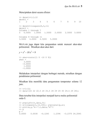 Apa Itu MATLAB 5
Menciptakan deret secara efisien:
>> deret1=1:1:10
deret1 =
1 2 3 4 5 6 7 8 9 10
>> deret2=linspace(0,5,11)
deret2 =
Columns 1 through 7
0 0.5000 1.0000 1.5000 2.0000 2.5000 3.0000
Columns 8 through 11
3.5000 4.0000 4.5000 5.0000
MATLAB juga dapat kita pergunakan untuk mencari akar-akar
polinomial. Misalkan akar-akar dari:
y = x4
– 10 x2
+ 9
>> akar=roots([1 0 –10 0 9])
akar =
3.0000
-3.0000
1.0000
-1.0000
Melakukan interpolasi dengan berbagai metode, misalkan dengan
pendekatan polinomial.
Misalkan kita memiliki data pengamatan temperatur selama 12
jam:
>> t=1:12;
>> data=[22 22 22.5 24 25.5 28 29 29 30 29.5 29 28];
Data tersebut kita interpolasi menjadi kurva mulus polinomial
orde-5:
>> p=polyfit(t,data,5);
>> x=linspace(1,12,100); y=polyval(p,x);
>> plot(x,y,'k--',t,data,'k*')
>> p
p =
0.0000 0.0038 -0.1245 1.2396 -3.2370 24.2045
 