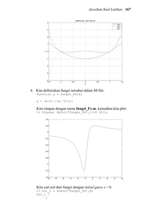 Jawaban Soal Latihan 167
4. Kita definisikan fungsi tersebut dalam M-file:
function y = fungsi_Fx(x)
y = (x-1)./(x.^2+1);
Kita simpan dengan nama fungsi_Fx.m, kemudian kita plot:
>> figure; fplot(‘fungsi_Fx’,[-10 10]);
Kita cari nol dari fungsi dengan initial guess x = 0.
>> nol_1 = fzero(‘fungsi_Fx’,0)
nol_1 =
1
 