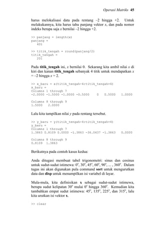 Operasi Matriks 45
harus melokalisasi data pada rentang –2 hingga +2. Untuk
melakukannya, kita harus tahu panjang vektor x, dan pada nomor
indeks berapa saja x bernilai –2 hingga +2.
>> panjang = length(x)
panjang =
401
>> titik_tengah = round(panjang/2)
titik_tengah =
201
Pada titik_tengah ini, x bernilai 0. Sekarang kita ambil nilai x di
kiri dan kanan titik_tengah sebanyak 4 titik untuk mendapatkan x
= –2 hingga x = 2.
>> x_baru = x(titik_tengah-4:titik_tengah+4)
x_baru =
Columns 1 through 7
-2.0000 -1.5000 -1.0000 -0.5000 0 0.5000 1.0000
Columns 8 through 9
1.5000 2.0000
Lalu kita tampilkan nilai y pada rentang tersebut.
>> y_baru = y(titik_tengah-4:titik_tengah+4)
y_baru =
Columns 1 through 7
1.3863 0.8109 0.0000 -1.3863 -36.0437 -1.3863 0.0000
Columns 8 through 9
0.8109 1.3863
Berikutnya pada contoh kasus kedua:
Anda ditugasi membuat tabel trigonometri: sinus dan cosinus
untuk sudut-sudut istimewa: 0o
, 30o
, 45o
, 60o
, 90o
, ... , 360o
. Dalam
tugas ini akan digunakan pula command sort untuk mengurutkan
data dan disp untuk menampilkan isi variabel di layar.
Mula-mula, kita definisikan x sebagai sudut-sudut istimewa,
berupa sudut kelipatan 30o
mulai 0o
hingga 360o
. Kemudian kita
tambahkan empat sudut istimewa: 45o
, 135o
, 225o
, dan 315o
, lalu
kita urutkan isi vektor x.
>> clear
 