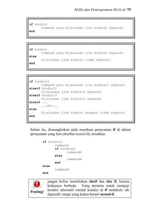 M-file dan Pemrograman MATLAB 75
if kondisi
Command yang dijalankan jika kondisi dipenuhi
end
if kondisi
Command yang dijalankan jika kondisi dipenuhi
else
Dijalankan jika kondisi tidak dipenuhi
end
if kondisi1
Command yang dijalankan jika kondisi1 dipenuhi
elseif kondisi2
Dijalankan jika kondisi2 dipenuhi
elseif kondisi3
Dijalankan jika kondisi3 dipenuhi
elseif ...
...dst...
else
Dijalankan jika kondisi manapun tidak dipenuhi
end
Selain itu, dimungkinkan pula membuat pernyataan if di dalam
pernyataan yang lain (disebut nested-if), misalkan:
if kondisi1
command1
if kondisiA
commandA
else
commandB
end
else
command2
end
Penting!
jangan keliru menuliskan elseif dan else if, karena
keduanya berbeda. Yang pertama untuk menguji
kondisi alternatif setelah kondisi di if terdahulu tak
dipenuhi; tetapi yang kedua berarti nested-if.
 