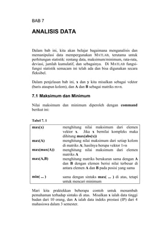 BAB 7
ANALISIS DATA
Dalam bab ini, kita akan belajar bagaimana menganalisis dan
memanipulasi data mempergunakan MATLAB, terutama untuk
perhitungan statistik: rentang data, maksimum/minimum, rata-rata,
deviasi, jumlah kumulatif, dan sebagainya. Di MATLAB fungsi-
fungsi statistik semacam ini telah ada dan bisa digunakan secara
fleksibel.
Dalam penjelasan bab ini, x dan y kita misalkan sebagai vektor
(baris ataupun kolom), dan A dan B sebagai matriks m×n.
7.1 Maksimum dan Minimum
Nilai maksimum dan minimum diperoleh dengan command
berikut ini:
Tabel 7. 1
max(x)
max(A)
max(max(A))
max(A,B)
min( ... )
menghitung nilai maksimum dari elemen
vektor x. Jika x bernilai kompleks maka
dihitung max(abs(x))
menghitung nilai maksimum dari setiap kolom
di matriks A; hasilnya berupa vektor 1×n
menghitung nilai maksimum dari elemen
matriks A
menghitung matriks berukuran sama dengan A
dan B dengan elemen berisi nilai terbesar di
antara elemen A dan B pada posisi yang sama
sama dengan sintaks max( ... ) di atas, tetapi
untuk mencari minimum
Mari kita praktekkan beberapa contoh untuk menambah
pemahaman terhadap sintaks di atas. Misalkan x ialah data tinggi
badan dari 10 orang, dan A ialah data indeks prestasi (IP) dari 4
mahasiswa dalam 3 semester.
 