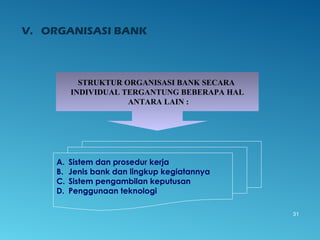 31
V. ORGANISASI BANK
STRUKTUR ORGANISASI BANK SECARA
INDIVIDUAL TERGANTUNG BEBERAPA HAL
ANTARA LAIN :
A. Sistem dan prosedur kerja
B. Jenis bank dan lingkup kegiatannya
C. Sistem pengambilan keputusan
D. Penggunaan teknologi
 