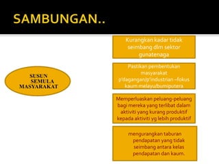 Kurangkan kadar tidak
                  seimbang dlm sektor
                      gunatenaga
                  Pastikan pembentukan
                        masyarakat
  SUSUN
   SEMULA     p’dagangan/p’industrian –fokus
MASYARAKAT       kaum melayu/bumiputera

             Memperluaskan peluang-peluang
             bagi mereka yang terlibat dalam
              aktiviti yang kurang produktif
             kepada aktiviti yg lebih produktif

                  mengurangkan taburan
                   pendapatan yang tidak
                   seimbang antara kelas
                   pendapatan dan kaum.
 