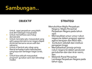 OBJEKTIF                                 STRATEGI
                                             Menubuhkan Majlis Perpaduan
                                               Negara / Majlis Penasihat
    Untuk capai perpaduan yang lebih           Perpaduan Negara pada tahun
    erat dlm kalangan masyarakat               1971
   Untuk memelihara cara hidup
    demokratik                                Memasukkan unsur-unsur rukun
   Untuk mencipta satu masyarakat yang        negara ke dalam program agensi-
    adil supaya kemakmuran negara dapat        agensi kerajaan dan NGO dan..
    dinikmati bersama secara adil dan         kurikulum sekolah dan institusi
    saksama                                    pengajian tinggi
   Untuk m’bentuk satu sikap yang            Menyebatikan prinsip-prinsip
    liberal terhadap tradisi kebudayaan        rukun negara ke dalam peraturan
    yang kaya dan berbagai-bagai corak;        pertubuhan dan dan ikrar rasmi;
    dan                                        dan
   Untuk bina sebuah masyarakat
    progresif -gunakan sains dan teknologi    Melantik Panel Penasihat
    moden                                      Lembaga Perpaduan Negara pada
                                               tahun 1974
 