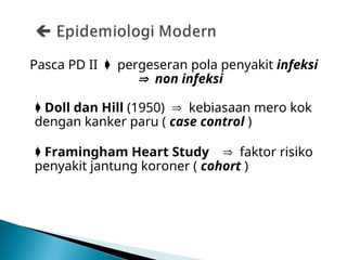 Pasca PD II  pergeseran pola penyakit infeksi
 non infeksi
 Doll dan Hill (1950)  kebiasaan mero kok
dengan kanker paru ( case control )
 Framingham Heart Study  faktor risiko
penyakit jantung koroner ( cohort )
 
