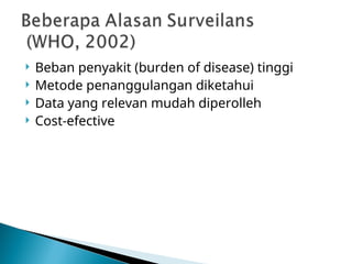  Beban penyakit (burden of disease) tinggi
 Metode penanggulangan diketahui
 Data yang relevan mudah diperolleh
 Cost-efective
 