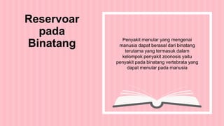 Penyakit menular yang mengenai
manusia dapat berasal dari binatang
terutama yang termasuk dalam
kelompok penyakit zoonosis yaitu
penyakit pada binatang vertebrata yang
dapat menular pada manusia
Reservoar
pada
Binatang
 