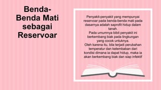 Penyakit-penyakit yang mempunyai
reservoar pada benda-benda mati pada
dasarnya adalah saprofit hidup dalam
tanah.
Pada umumnya bibit penyakit ini
berkembang biak pada lingkungan
yang cocok untuknya.
Oleh karena itu, bila terjadi perubahan
temperatur dan kelembaban dari
kondisi dimana ia dapat hidup, maka ia
akan berkembang biak dan siap infektif
Benda-
Benda Mati
sebagai
Reservoar
 