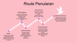 Route Penularan
Route penularan adalah
mekanisme di mana
agen/penyebab penyakit
ditularkan dari satu orang
ke orang lain
Definisi
Umumnya terjadi pada
masyarakat yang hidup di
lingkungan padat
penduduknya
Contoh: gatal-gatal, panu,
kadas
Kontak Langsung
Penularan ini terjadi
melalui perantaraan
tangan,
makanan/minuman
Contoh: kolera, thypus
Infeksi (infection)
Penularan melalui
udara/pernafasan,
disebut juga dengan
airborne disease/airborne
infection
Contoh: TBC
Inhalasi (Inhalation)
Penularan ditularkan
langsung agen sebagai
organisme penyebab
penyakit
Contoh: penetrasi pada
kulit misalnya cacing
tambang
Penetrasi pada Kulit
Merupakan infeksi yang
diperoleh melalui plasenta
dari ibu penderita penyakit
sewaktu mengandung
Infeksi melalui Plasenta
 