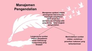 Langsung ke sumber
infeksi/ penyebaran
untuk melindungi
orang-orang yang
terpapar
Memindahkan sumber
infeksi, contohnya
penarikan makanan yang
terkontaminasi
Manajemen epidemi adalah
penanganan kasus-kasus,
mencegah penyebaran
lebih lanjut dan
pemantauan terhadap efek
yang timbul akibat langkah
pengendalian
Manajemen
Pengendalian
 