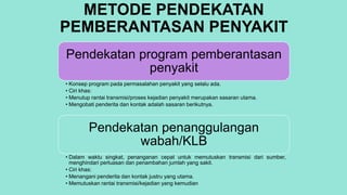 METODE PENDEKATAN
PEMBERANTASAN PENYAKIT
Pendekatan program pemberantasan
penyakit
• Konsep program pada permasalahan penyakit yang selalu ada.
• Ciri khas:
• Menutup rantai transmisi/proses kejadian penyakit merupakan sasaran utama.
• Mengobati penderita dan kontak adalah sasaran berikutnya.
Pendekatan penanggulangan
wabah/KLB
• Dalam waktu singkat, penanganan cepat untuk memutuskan transmisi dari sumber,
menghindari perluasan dan penambahan jumlah yang sakit.
• Ciri khas:
• Menangani penderita dan kontak justru yang utama.
• Memutuskan rantai transmisi/kejadian yang kemudian
 