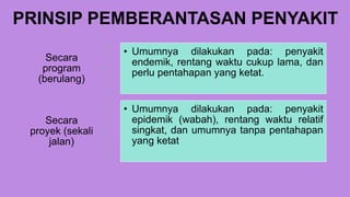 PRINSIP PEMBERANTASAN PENYAKIT
Secara
program
(berulang)
• Umumnya dilakukan pada: penyakit
endemik, rentang waktu cukup lama, dan
perlu pentahapan yang ketat.
Secara
proyek (sekali
jalan)
• Umumnya dilakukan pada: penyakit
epidemik (wabah), rentang waktu relatif
singkat, dan umumnya tanpa pentahapan
yang ketat
 