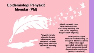 Penyakit menular
ditandai dengan
adanya agen atau
penyebab penyakit
yang hidup dan dapat
berpindah ke orang
lain
Suatu penyakit dpat
menular dari satu orang ke
orang lain ditentukan oleh 3
faktor, yakni: agen
(penyebab penyakit), host
(induk semang/penjamu)
dan route of transmission
(jalannya penularan)
Adalah penyakit yang
dapat berpindah dari
satu orang ke orang lain,
baik secara langsung
maupun tidak langsung
Epidemiologi Penyakit
Menular (PM)
 