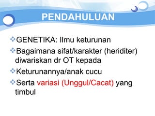 PENDAHULUAN GENETIKA: Ilmu keturunan Bagaimana sifat/karakter (heriditer) diwariskan dr OT kepada  Keturunannya/anak cucu Serta  variasi (Unggul/Cacat)  yang timbul 