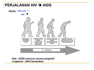 PERJALANAN HIV  AIDS
Gambar : CD4 cells
HIV
Hati : (CD4) menurun secara progresif
Lingkaran : (HIV) bertambah.
 
