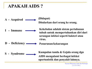 Yayasan Pelayanan Anak dan Keluarga
( L A Y A K )
APAKAH AIDS ?
A - Acquired
I - Immune
D - Deficiency
S - Syndrome
(Didapat)
Ditularkan dari orang ke orang.
Kekebalan adalah sistem pertahanan
tubuh untuk mempertahankan diri dari
serangan infeksi seperti bakteri atau
virus.
Penurunan/kekurangan
Kumpulan tanda & Gejala orang dgn
AIDS mengalami berbagai infeksi
oportunistik dan penyakit lainnya.
 
