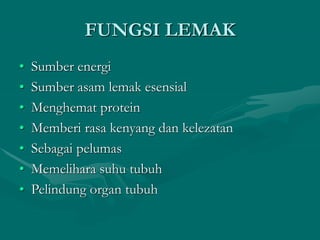 FUNGSI LEMAK
• Sumber energi
• Sumber asam lemak esensial
• Menghemat protein
• Memberi rasa kenyang dan kelezatan
• Sebagai pelumas
• Memelihara suhu tubuh
• Pelindung organ tubuh
 