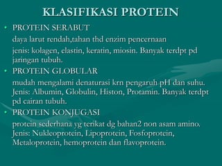 KLASIFIKASI PROTEIN
• PROTEIN SERABUT
daya larut rendah,tahan thd enzim pencernaan
jenis: kolagen, elastin, keratin, miosin. Banyak terdpt pd
jaringan tubuh.
• PROTEIN GLOBULAR
mudah mengalami denaturasi krn pengaruh pH dan suhu.
Jenis: Albumin, Globulin, Histon, Protamin. Banyak terdpt
pd cairan tubuh.
• PROTEIN KONJUGASI
protein sederhana yg terikat dg bahan2 non asam amino.
Jenis: Nukleoprotein, Lipoprotein, Fosfoprotein,
Metaloprotein, hemoprotein dan flavoprotein.
 