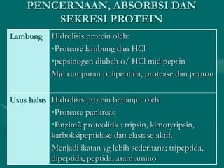 PENCERNAAN, ABSORBSI DAN
SEKRESI PROTEIN
Lambung Hidrolisis protein oleh:
•Protease lambung dan HCl
•pepsinogen diubah o/ HCl mjd pepsin
Mjd campuran polipeptida, protease dan pepton
Usus halus Hidrolisis protein berlanjut oleh:
•Protease pankreas
•Enzim2 proteolitik : tripsin, kimotyripsin,
karboksipeptidase dan elastase aktif.
Menjadi ikatan yg lebih sederhana; tripeptida,
dipeptida, peptida, asam amino
 