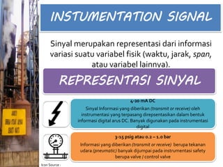 INSTUMENTATION SIGNAL
Sinyal merupakan representasi dari informasi
variasi suatu variabel fisik (waktu, jarak, span,
atau variabel lainnya).
REPRESENTASI SINYAL
4-20 mA DC
Sinyal Informasi yang diberikan (transmit or receive) oleh
instrumentasi yang terpasang direpsentasikan dalam bentuk
informasi digital arus DC. Banyak digunakan pada instrumentasi
digital
3-15 psig atau 0.2 – 1.0 bar
Informasi yang diberikan (transmit or receive) berupa tekanan
udara (pneumatic) banyak dijumpai pada instrumentasi safety
berupa valve / control valve
Icon Source :
 