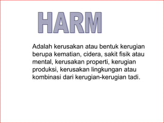 Adalah kerusakan atau bentuk kerugian
berupa kematian, cidera, sakit fisik atau
mental, kerusakan properti, kerugian
produksi, kerusakan lingkungan atau
kombinasi dari kerugian-kerugian tadi.

 
